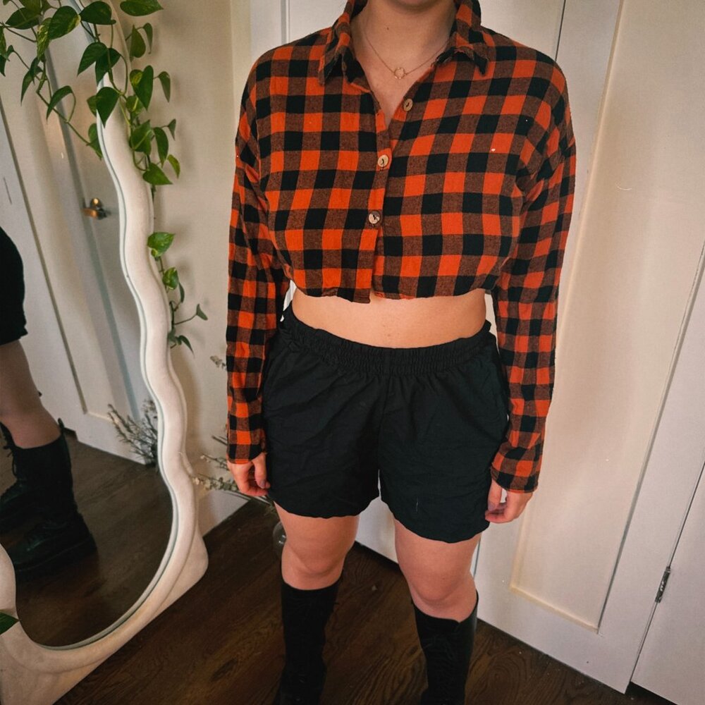Orange & Black cropped button down shirt